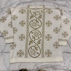 Beldoch Popper Sweater White Metalic Gold Women’s L USA Made Holiday Festive